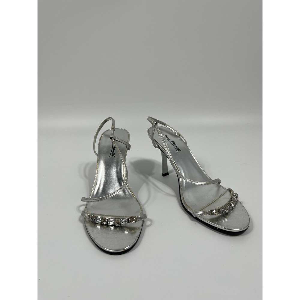 Vintage Y2K Women Stiletto Heels 7 Metallic Silver Bedazzle Sparkle Formal Event